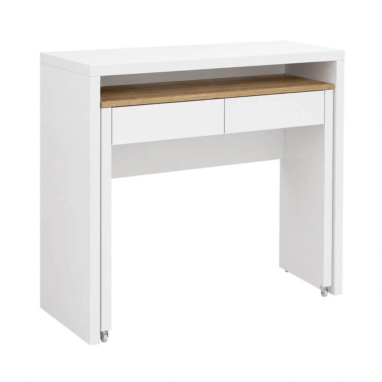 Bureau, extensible, avec rangement, avec tiroirs, coloris blanc et naturel, pour l’espace de travail