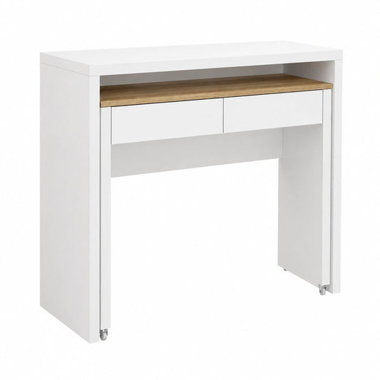 Bureau, extensible, avec rangement, avec tiroirs, coloris blanc et naturel, pour l’espace de travail